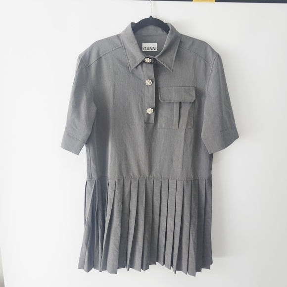 GANNI Grey Mélange Suiting Pleated Mini Shirt Dress Size 36 - Picture 7 of 14
